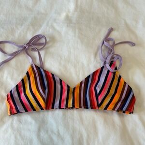 Aerie Striped Triangle Bikini Top Lavender Trim Tie Neck Halter Swimwear Sz S